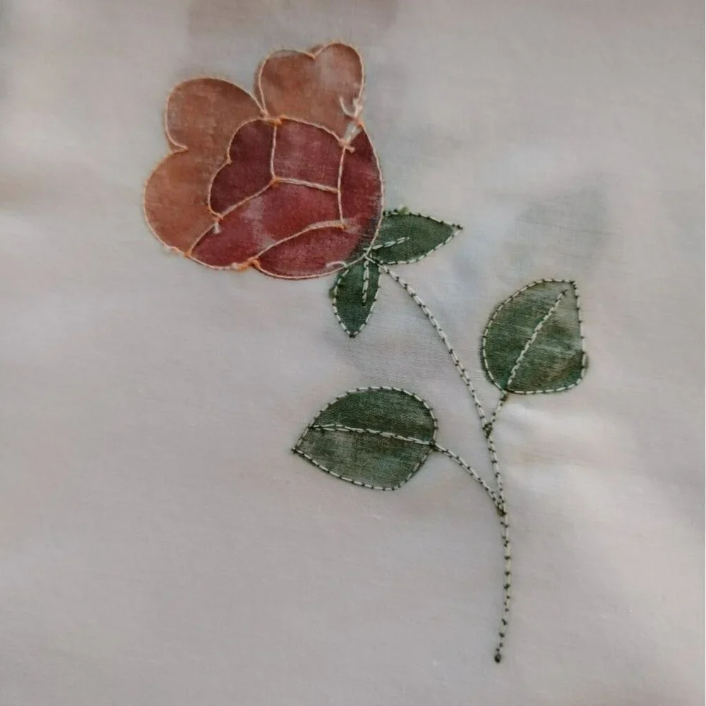 Vintage Square Embroidered Napkins, Set of 6, Rose Embroidery, Scalloped Edging